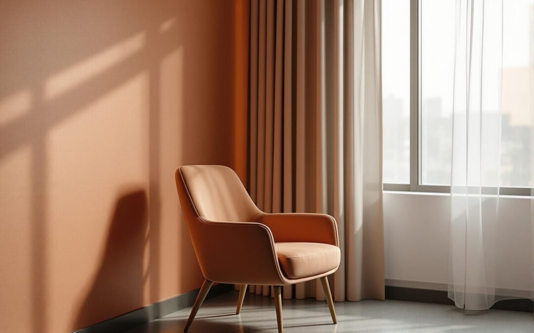 Empty therapy chair symbolizing the end of a therapy relationship, bathed in warm terra cotta lighting